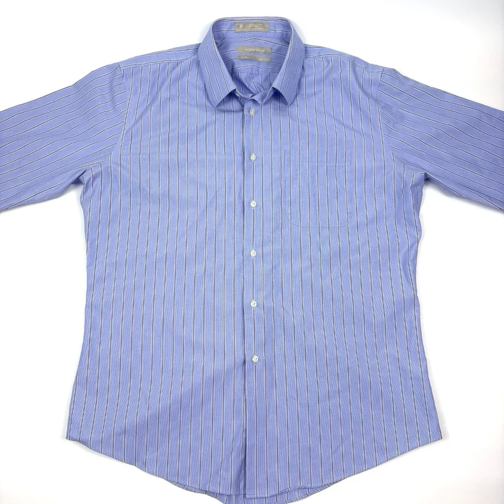 Nordstrom Trim Fit Button Up Shirt Mens Sz 16 1/2 32-33 Blue‎ White Stripe Smart